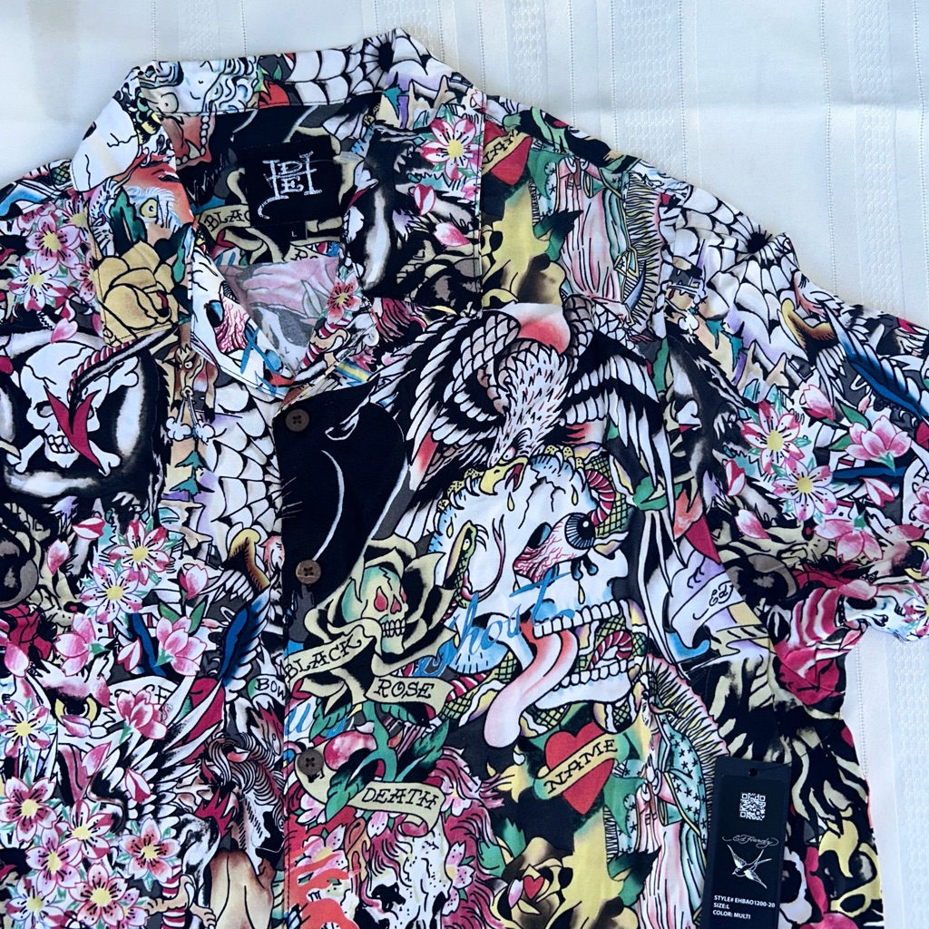 Ed Hardy Shirt Button Down Men’s Large New Nwt Allover Print Skull Floral Unisex